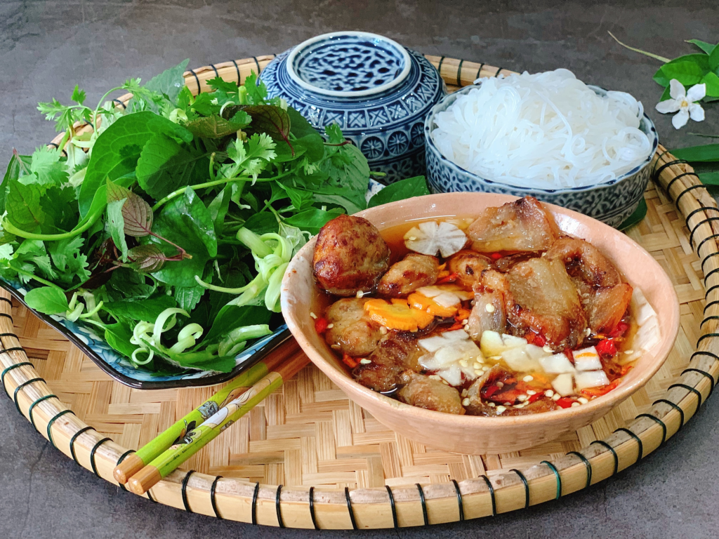 Bun cha grilled pork and rice noodles in Hanoi