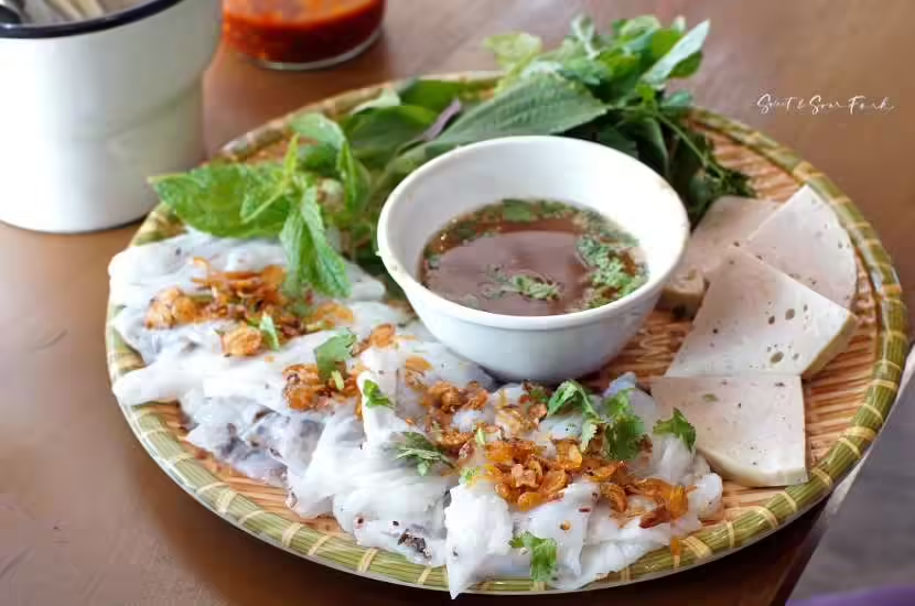 Banh cuon steamed rice rolls filled with pork and mushrooms