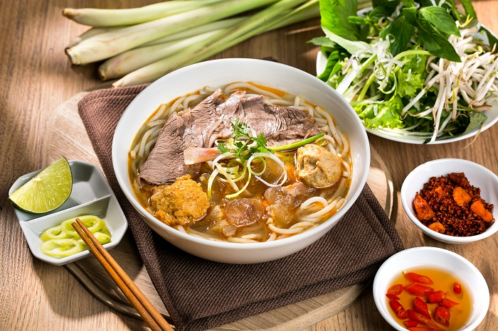 Bun bo hue spicy beef noodle soup with lemongrass