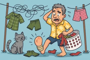 Cartoon illustration of a farang in Thailand battling laundry, seafood bags, and a stubbed toe in a humorous tropical scene.