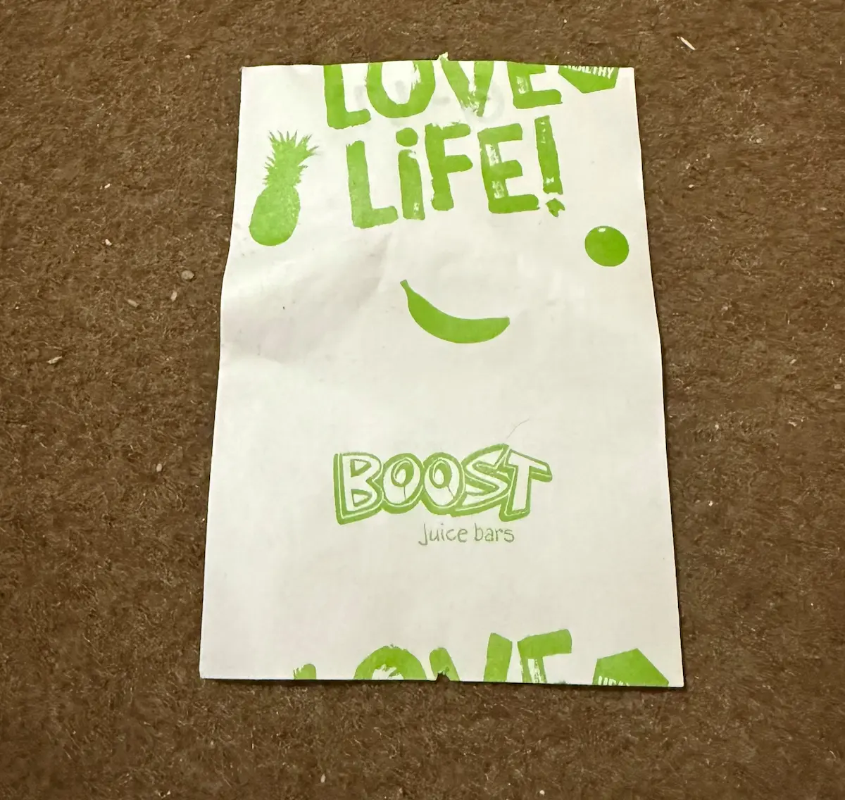 Boost Juice receipt with Love Life text