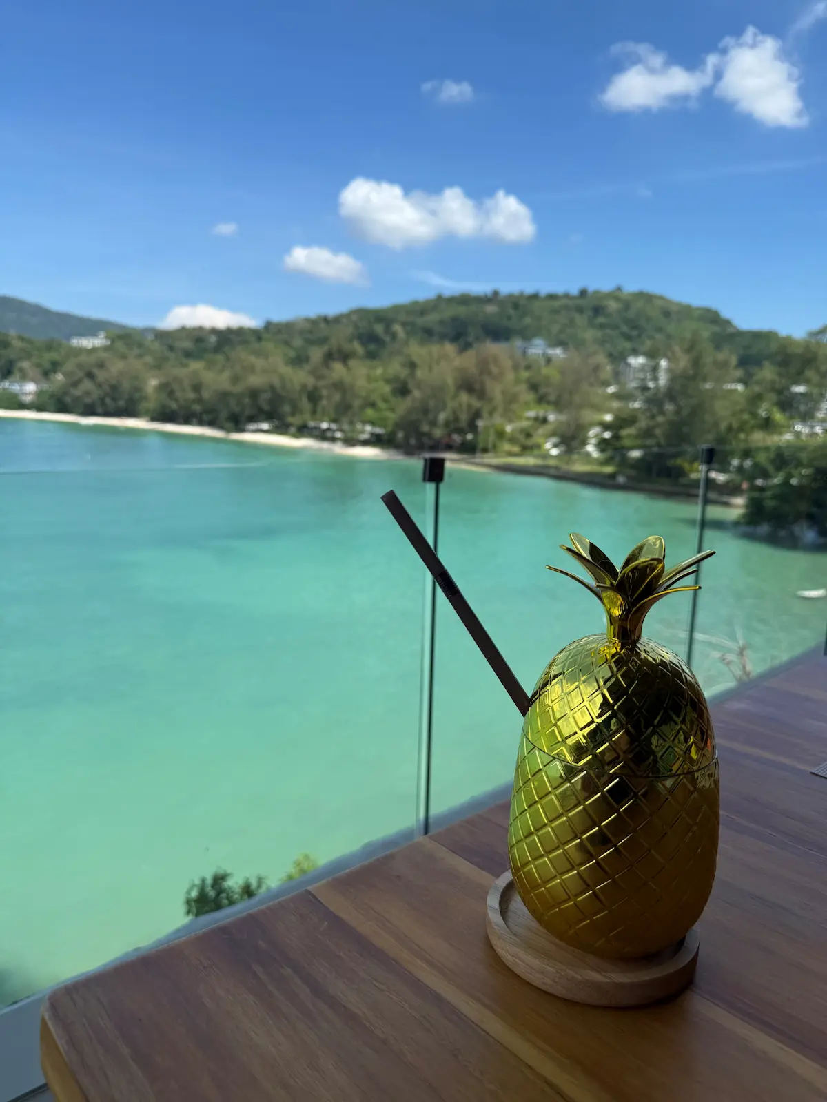 Pina colada cocktail with a view of the sea