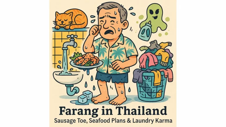 Cartoon of a farang in Thailand struggling with laundry, seafood shopping, and a stubbed toe in tropical chaos.