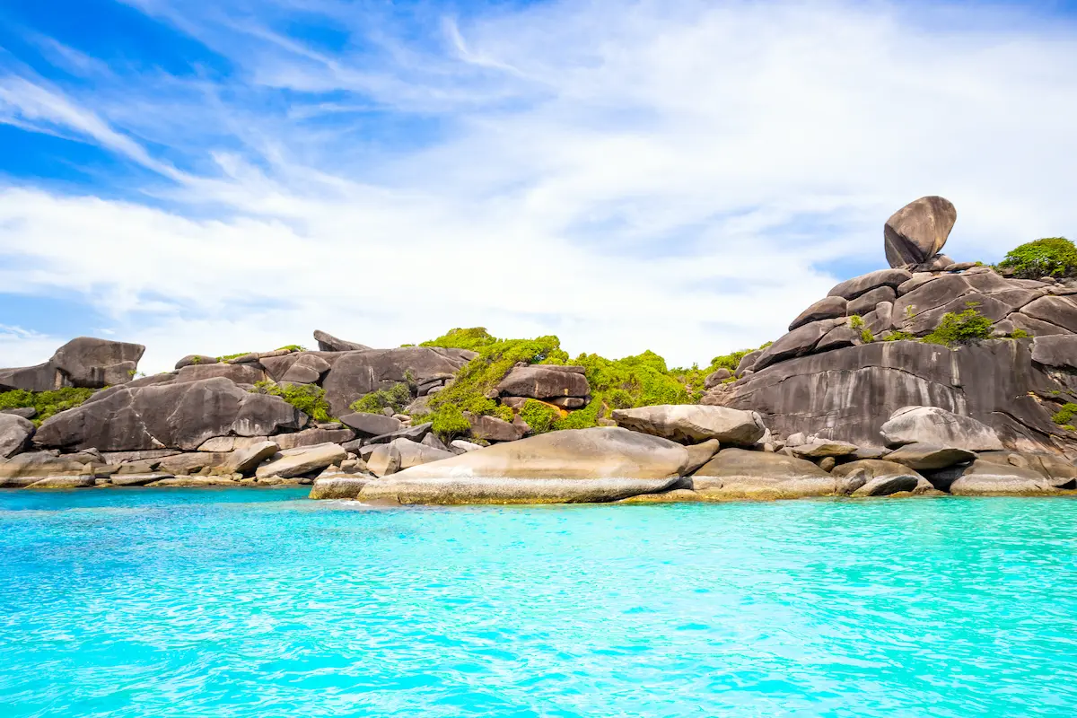 Sail Rock viewpoint on Koh Similan in the Similan Islands, turquoise water and stacked granite boulders