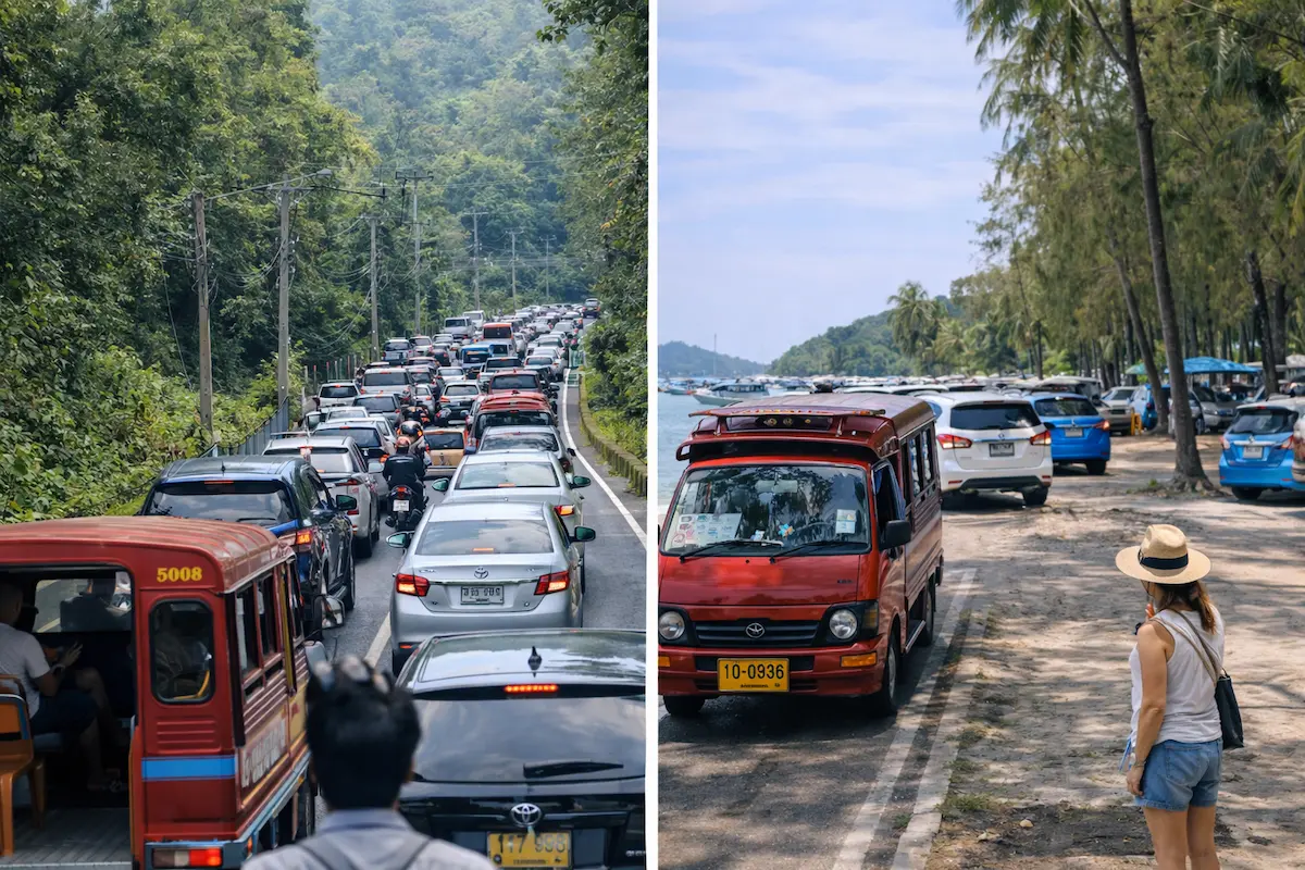 Traffic congestion in Phuket compared to easy beachside transport access