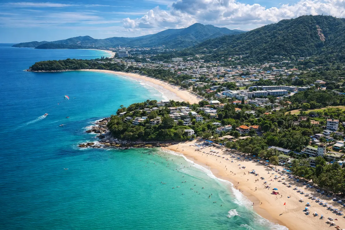 Best beaches in Phuket showing Kata Beach coastline from above
