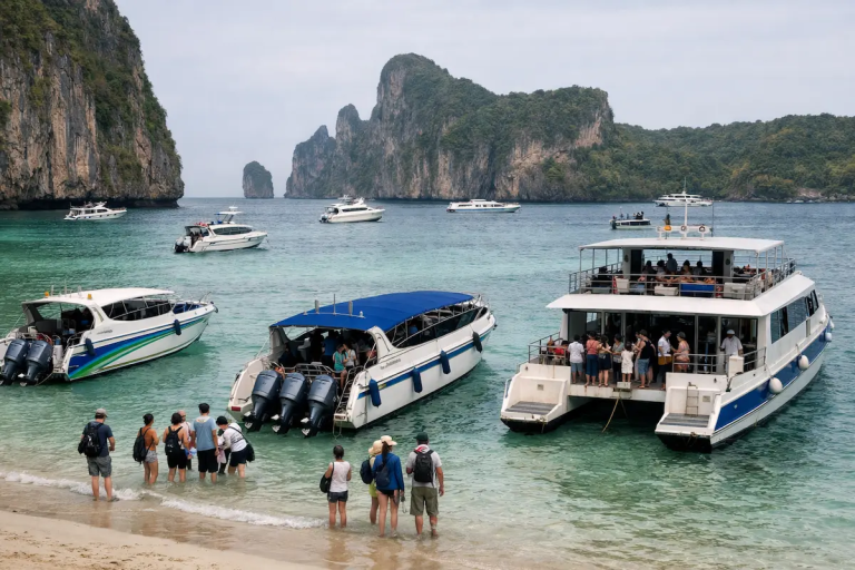 best Phi Phi island tours from Phuket showing different boats and tourists boarding in real conditions