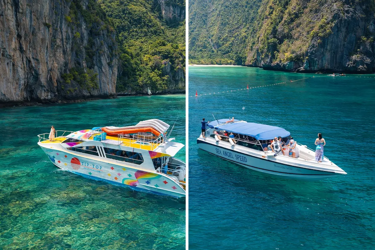 best Phi Phi island tours from Phuket speedboat vs catamaran comparison showing layout and space