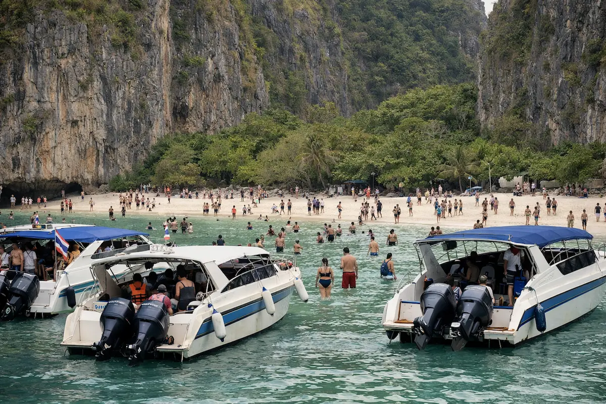 Phi Phi Islands Tour from Phuket crowded beach with multiple boats and tourists