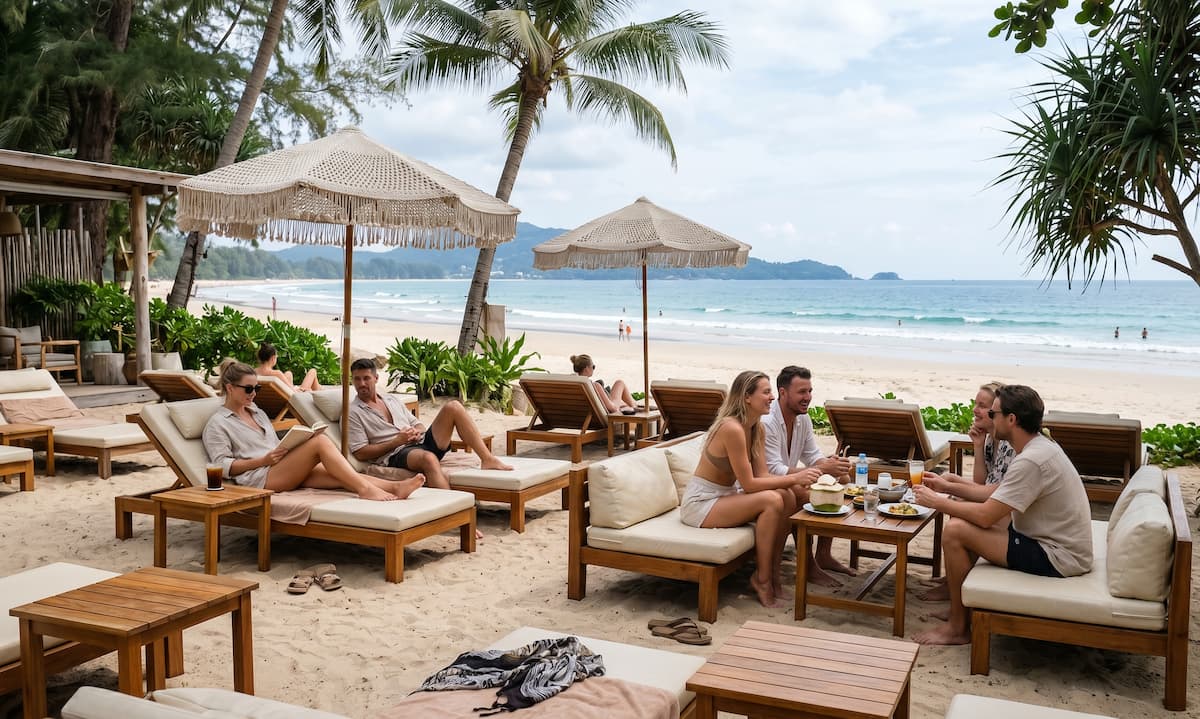 Beach club scene at Bang Tao Beach Phuket with beachfront loungers, travellers relaxing, and ocean views during daytime