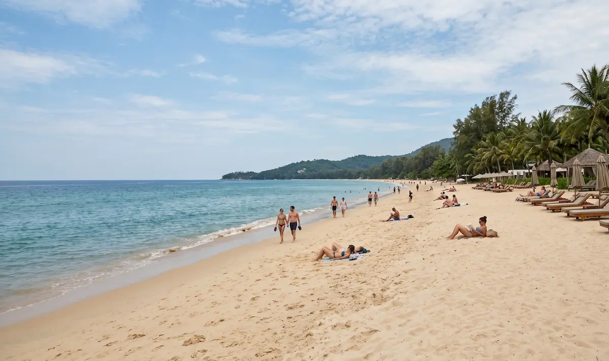 Bang Tao Beach Phuket with spacious sandy shoreline, calm blue water, beach loungers, and travellers relaxing during daytime