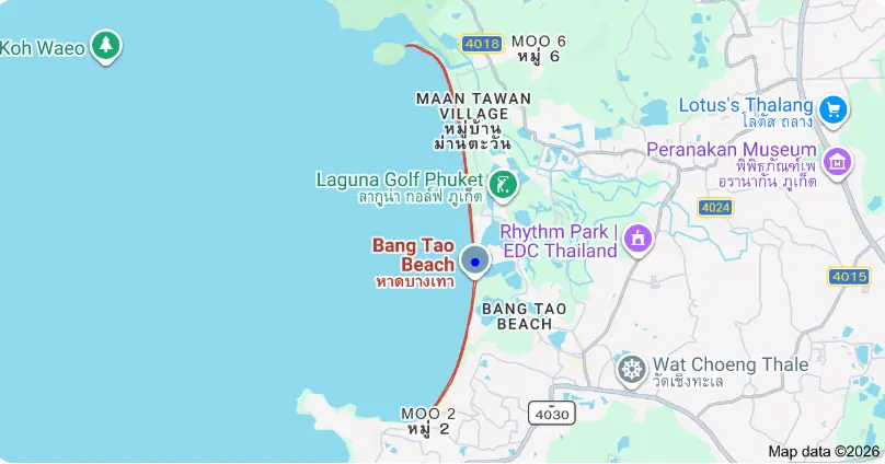Map showing the location of Bang Tao Beach on Phuket’s west coast near Laguna and Cherng Talay.