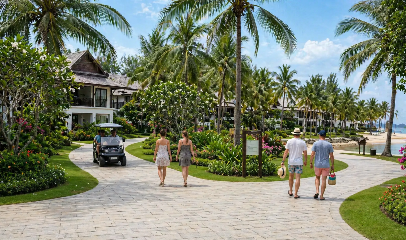 Landscaped resort walkway in Bang Tao Phuket with palm trees, tropical gardens, and travellers near Laguna resort area