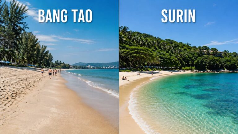 Split image comparing Bang Tao Beach vs Surin Beach Phuket, showing Bang Tao’s long open sandy shoreline and Surin’s smaller tropical bay with clear blue water.