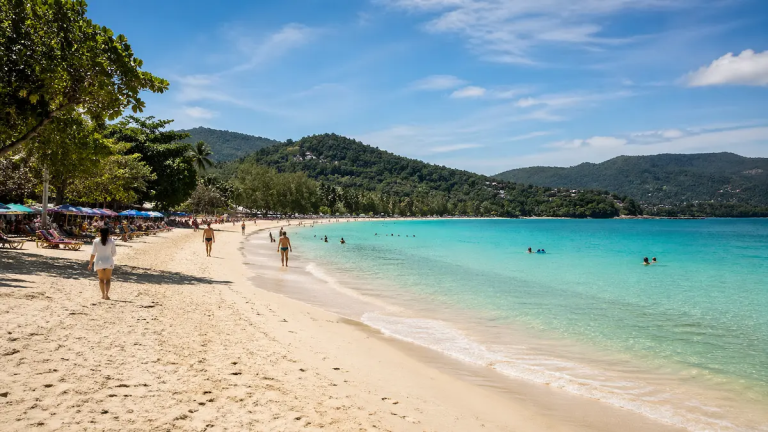 Best beaches in Phuket reference guide showing a popular Phuket beach with clear water and soft sand