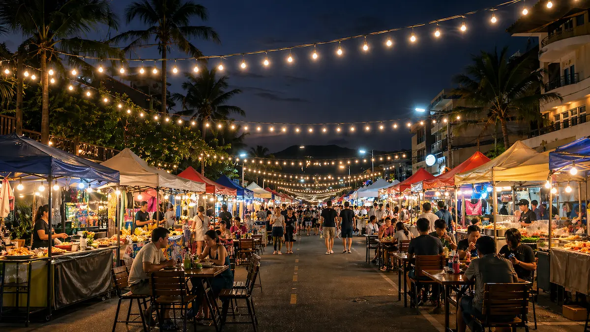 Night market near Karon Beach Phuket with food stalls, outdoor dining, and evening visitors
