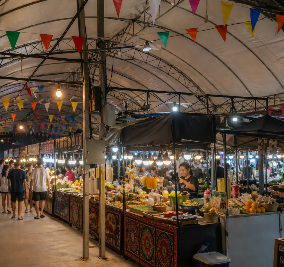 Night market atmosphere near Kata Beach Phuket with food stalls and visitors