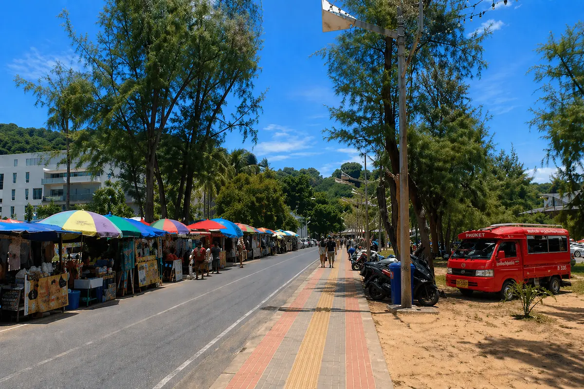 Walkable street near Kata Beach Phuket with shops, vendors, and tropical surroundings