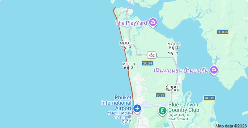 Map showing Mai Khao Beach in northern Phuket Thailand near Phuket International Airport