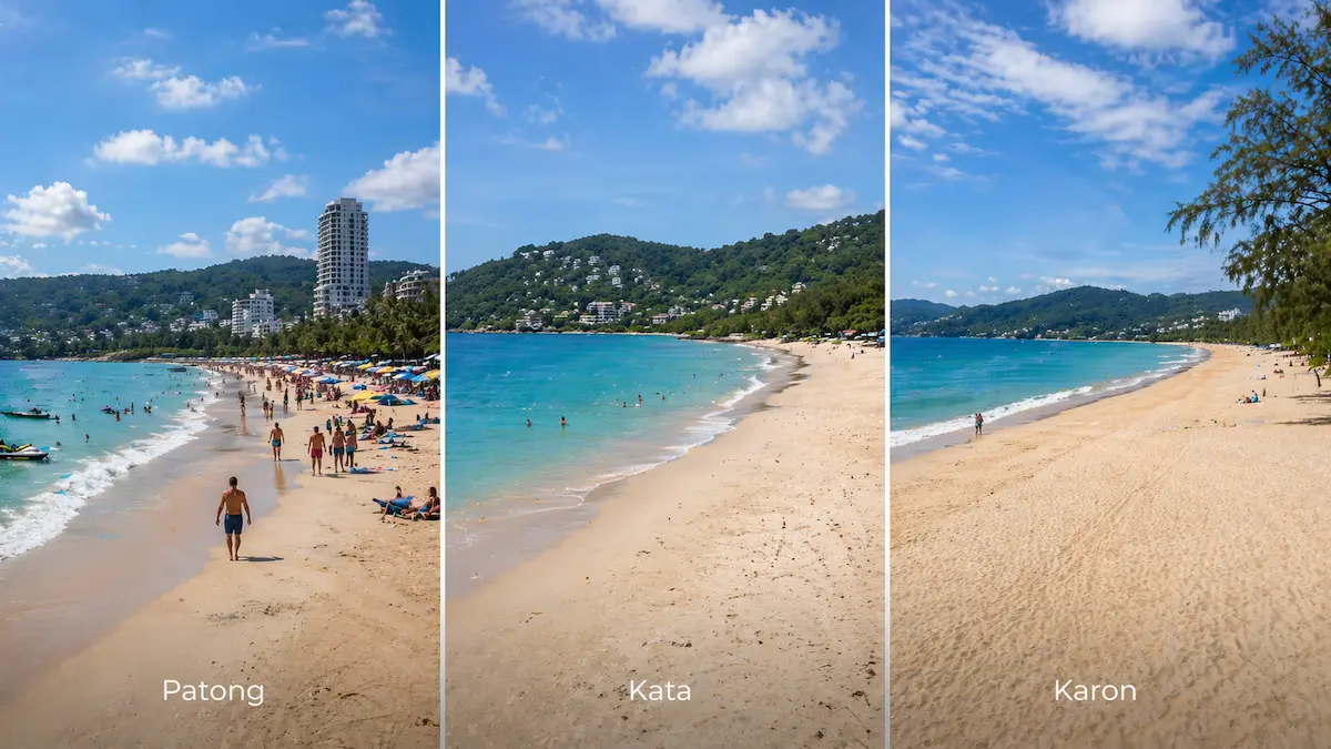 Patong vs Kata vs Karon beach comparison in Phuket showing differences in crowd levels, beach space, and atmosphere