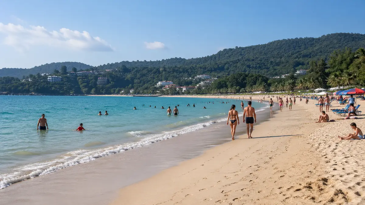 Phuket beach showing moderate activity and a balanced environment compared to Kamala Beach Phuket