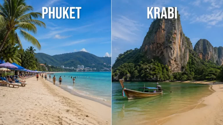 Split image comparing Phuket beach scene and Krabi limestone beach scenery in Thailand