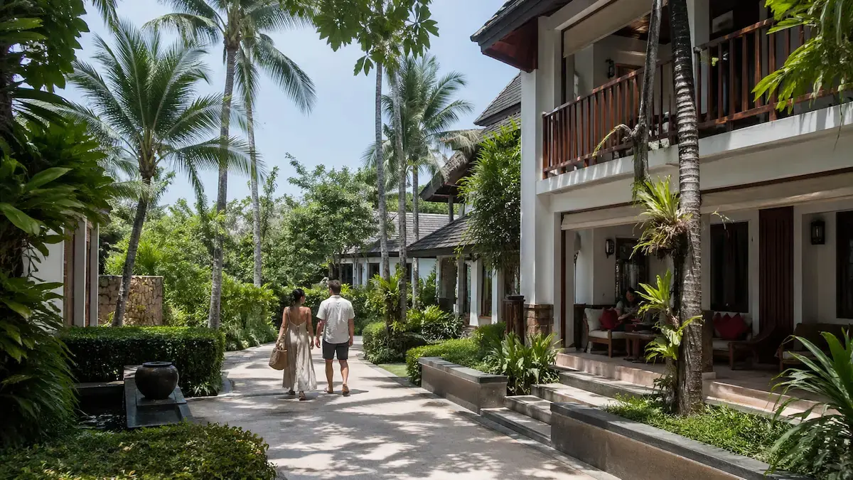 Boutique resort near Surin Beach Phuket with tropical gardens, villas, and couple walking through landscaped pathway