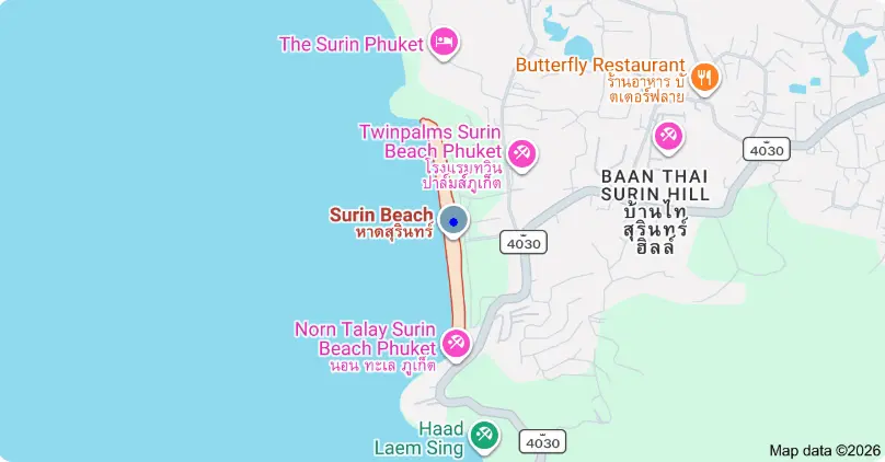 Map showing the location of Surin Beach on Phuket’s west coast near Bang Tao and Laem Sing.