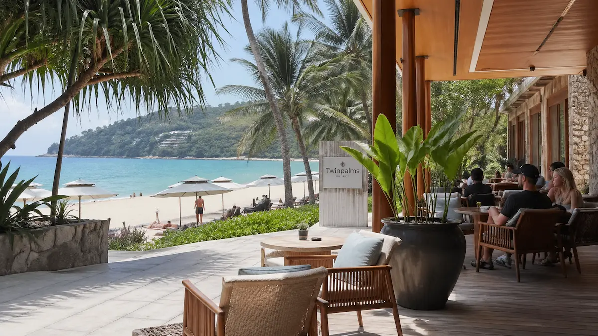 Beachfront terrace near Surin Beach Phuket with tropical seating, ocean views, and relaxed upscale atmosphere.