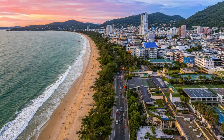 Aerial view of Patong Beach showing main areas for where to stay in Patong Phuket
