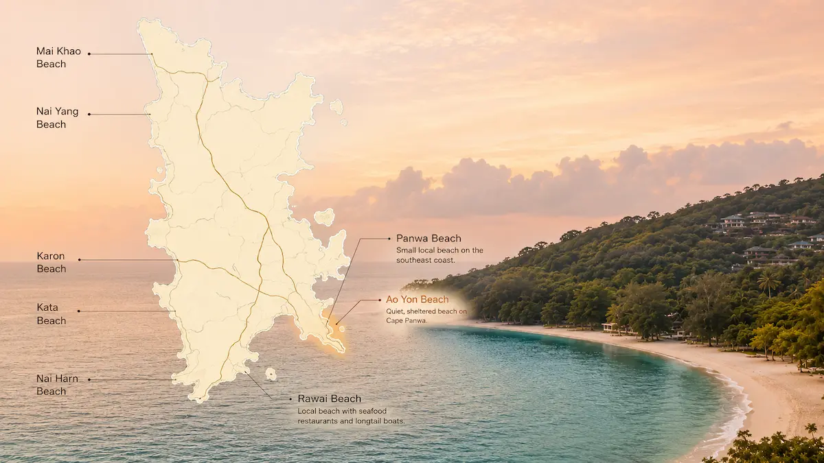 Map showing the location of Ao Yon Beach in southeast Phuket near Cape Panwa