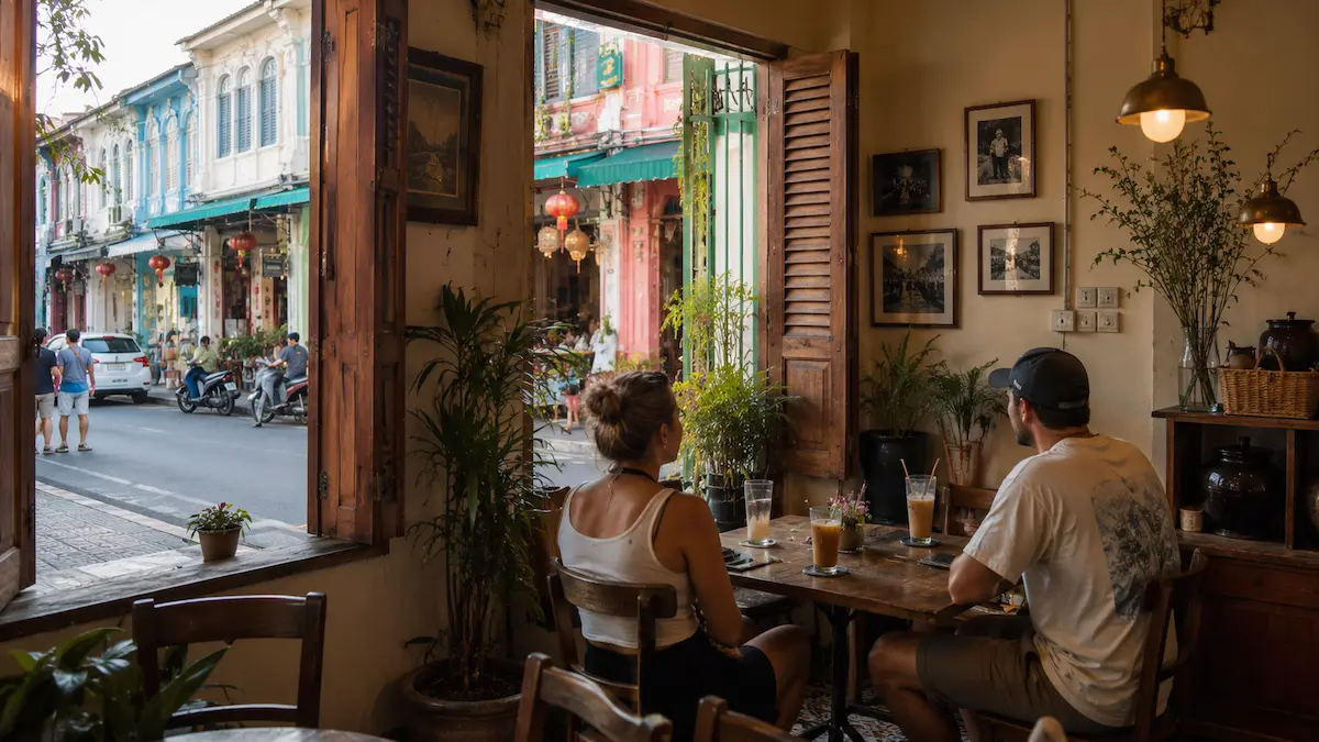 Travellers relaxing inside a café in Phuket Old Town, Thailand