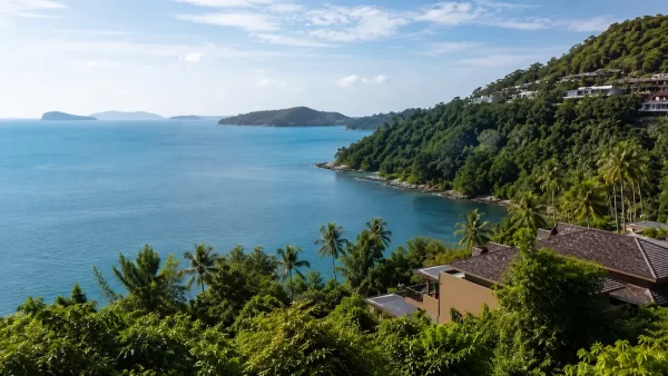 Elevated coastal view of Cape Panwa Phuket with tropical hillsides and calm southeast Phuket sea