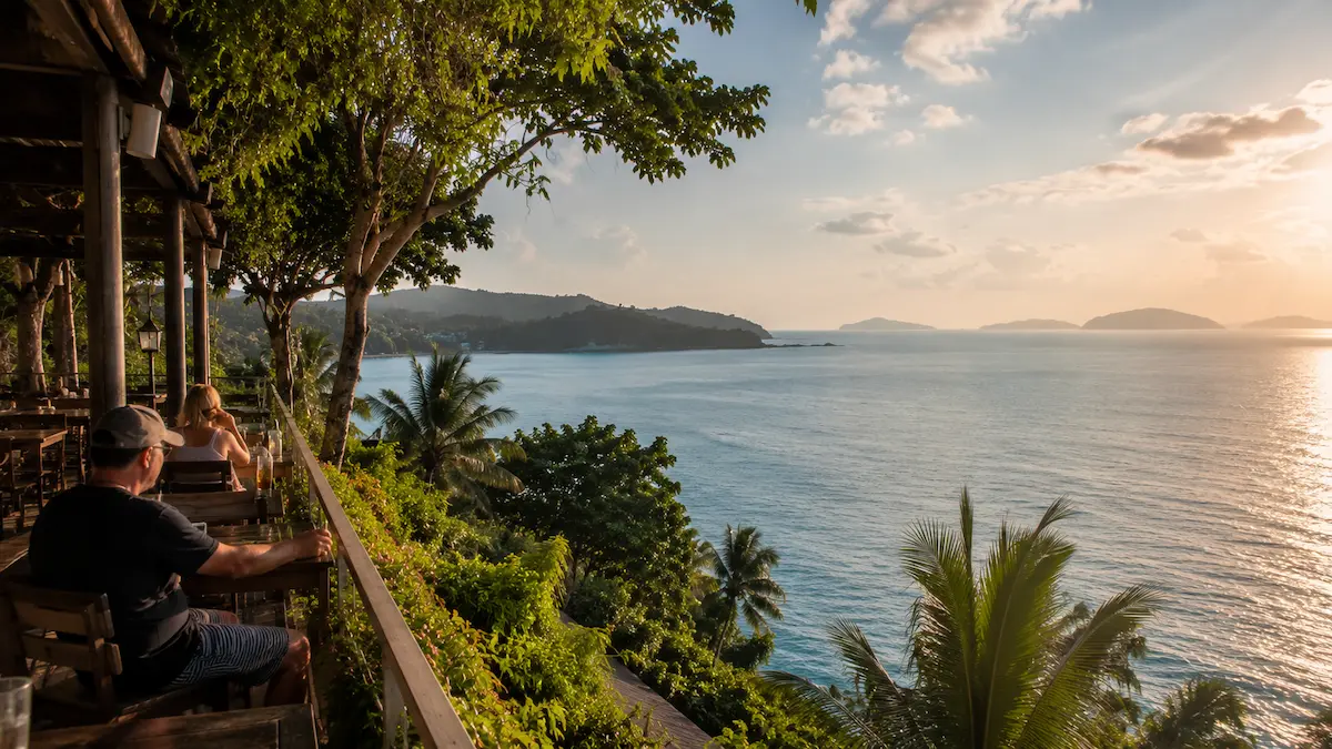 Sea-view terrace overlooking the coastline around Cape Panwa Phuket in southeast Phuket