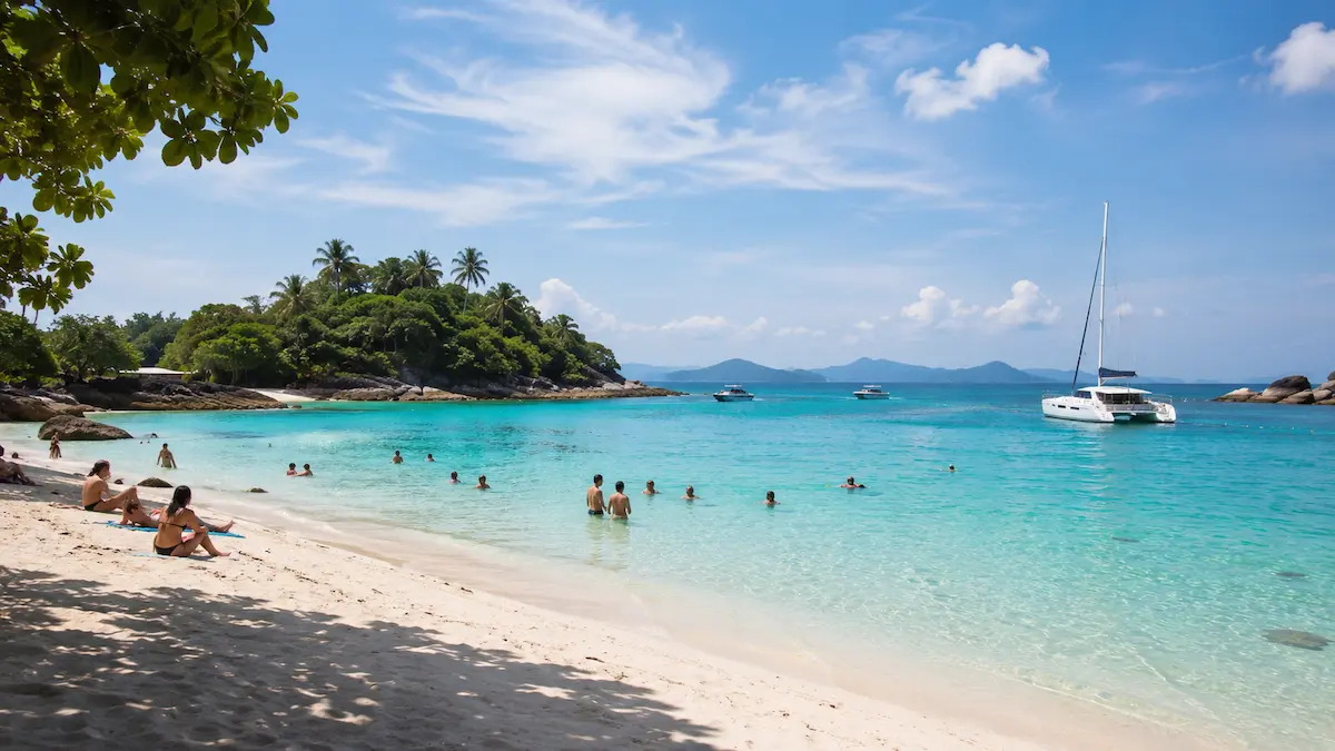 Travelers swimming at a tropical island beach near Phuket in Thailand
