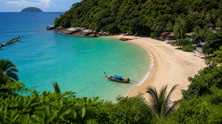 View overlooking Freedom Beach Phuket with turquoise water and longtail boat