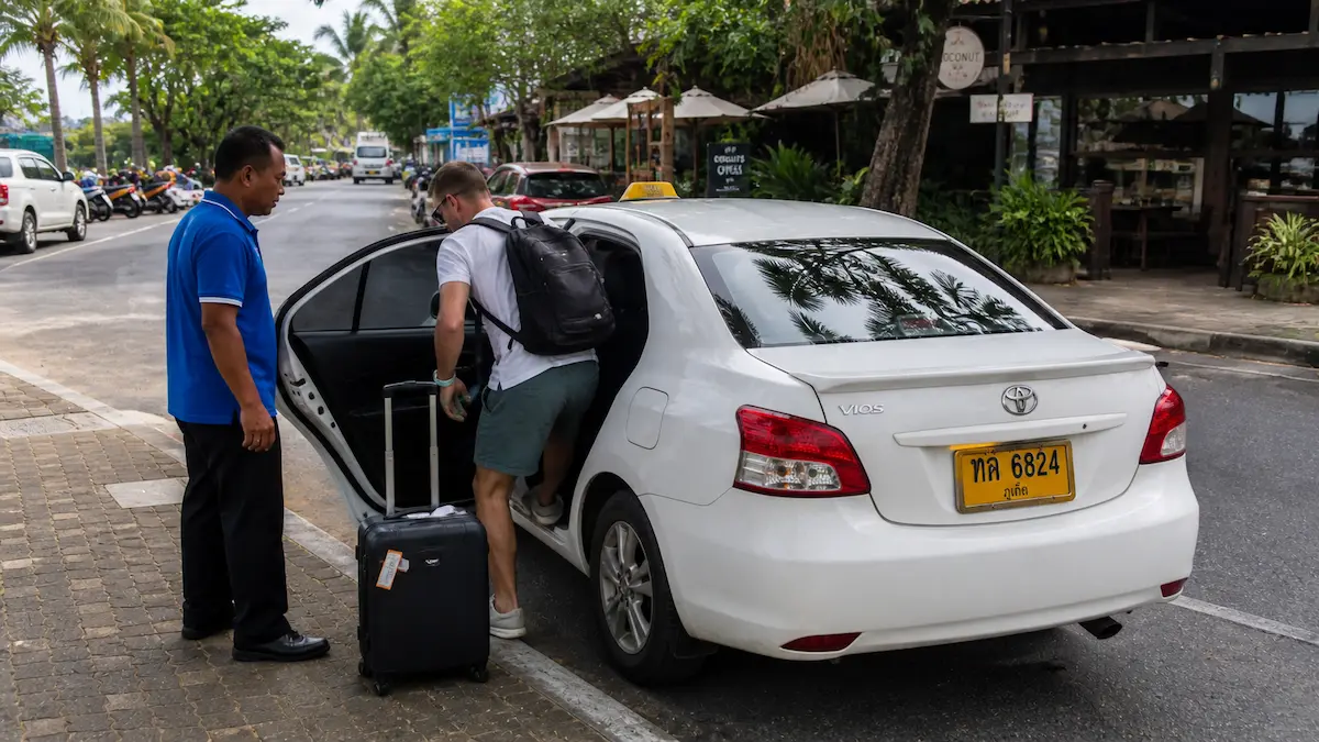 Getting around Phuket by taxi with a traveller entering a car on a typical street