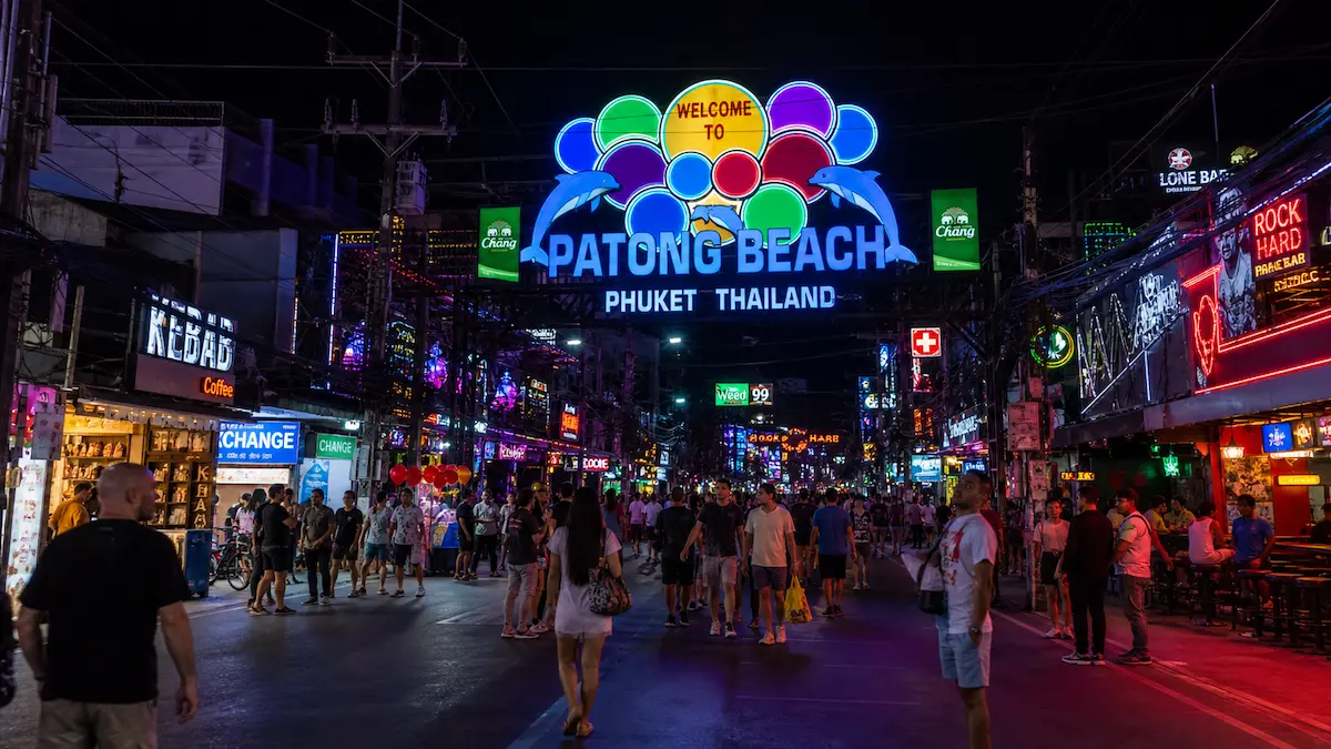 Bangla Road Patong nightlife scene showing crowds and neon lights at night in Phuket