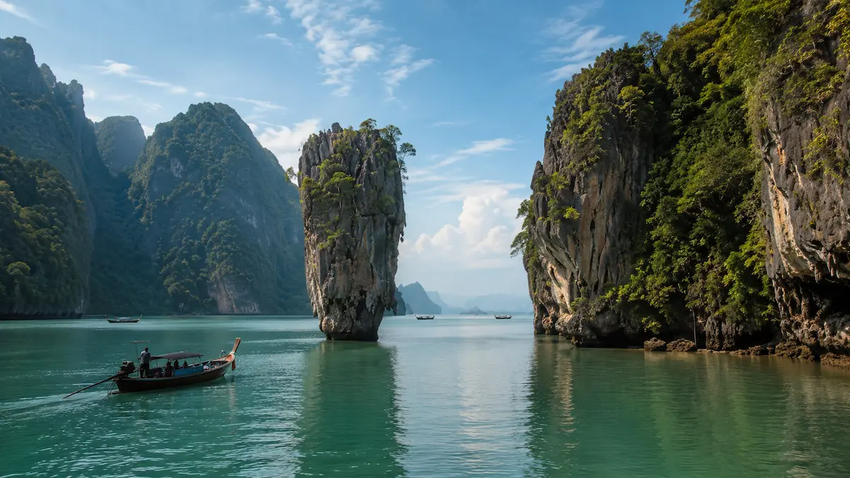 Limestone cliffs and longtail boat near James Bond Island in Phang Nga Bay, Thailand