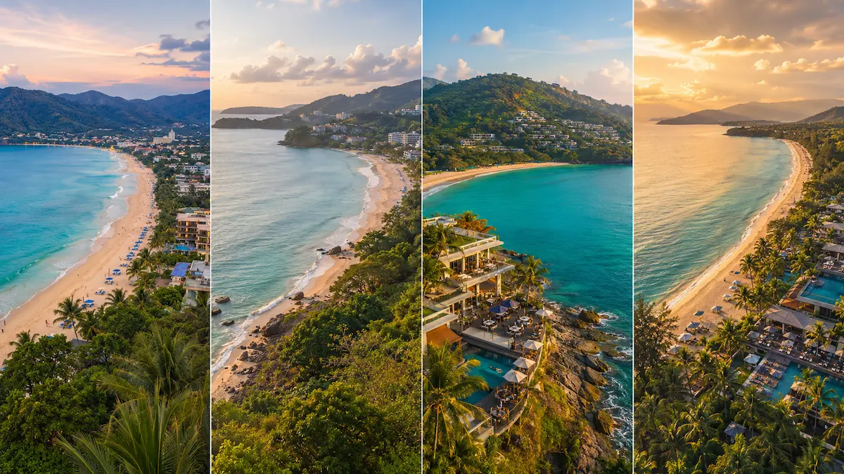 Side-by-side comparison of Karon, Kata, Kamala and Bang Tao beaches in Phuket showing different beach styles, resorts and coastal scenery.