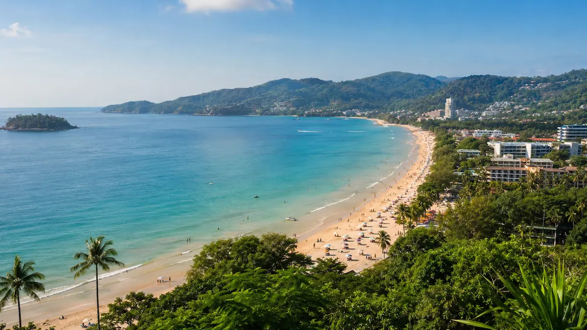 Elevated view of Kata and Karon beach areas in Phuket Thailand showing a balanced beach holiday atmosphere