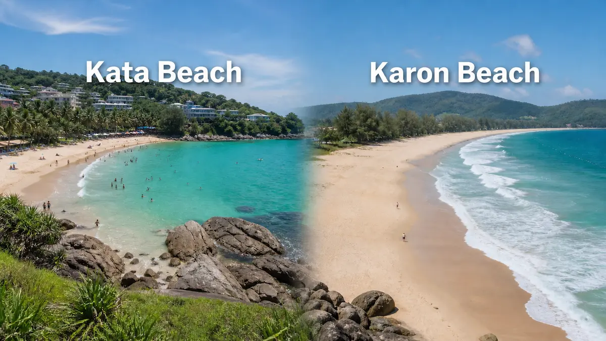 Kata vs Karon beaches in Phuket showing compact scenic bay and long open sandy beach comparison