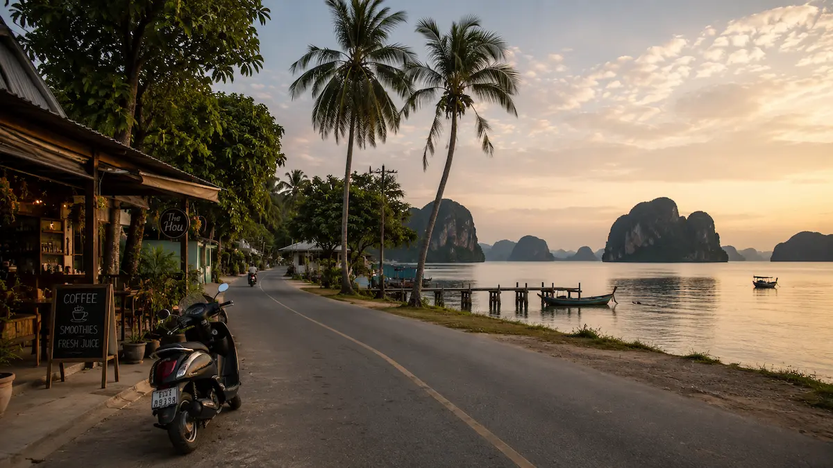 Quiet coastal road and tropical island atmosphere on Koh Yao Noi in Thailand