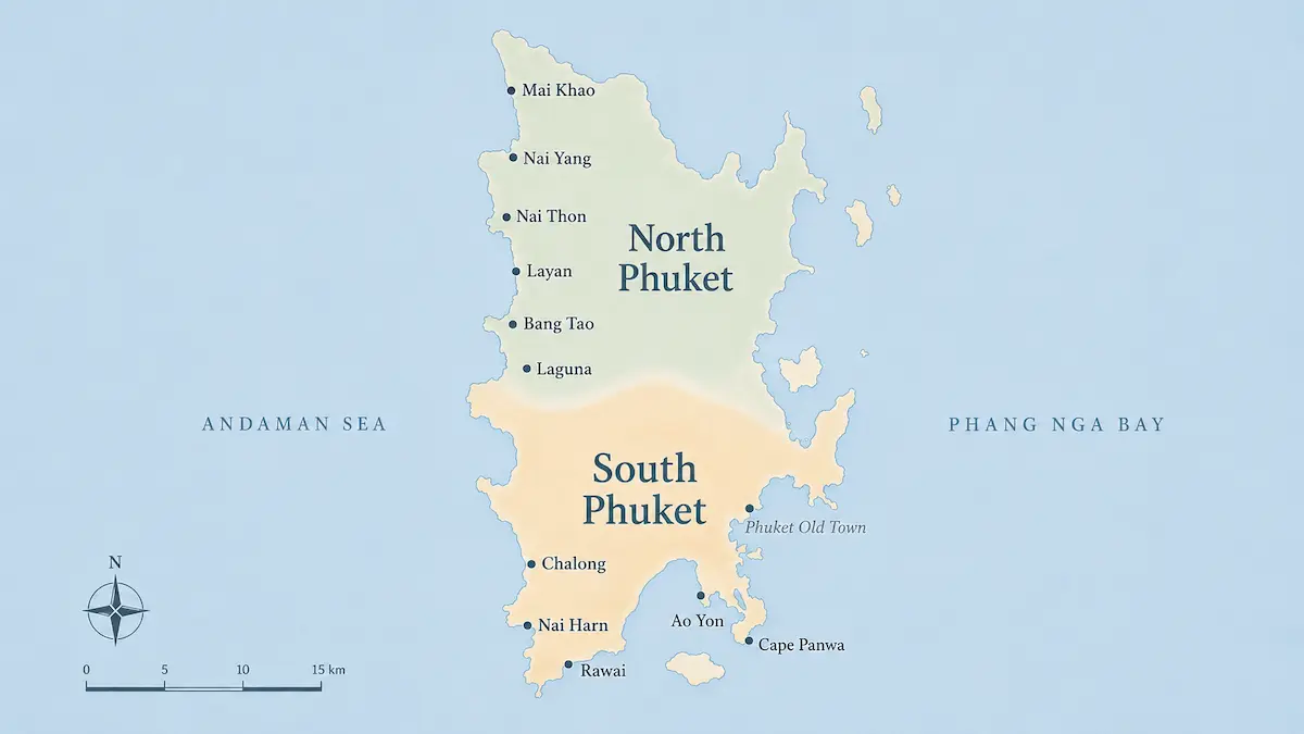 Map of North Phuket and South Phuket showing key areas including Mai Khao, Nai Yang, Nai Thon, Layan, Bang Tao, Laguna, Chalong, Nai Harn, Rawai, Ao Yon and Cape Panwa.