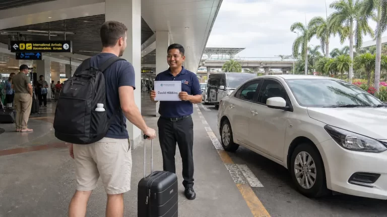Phuket airport transfer driver meeting traveller with name sign outside arrivals with car ready