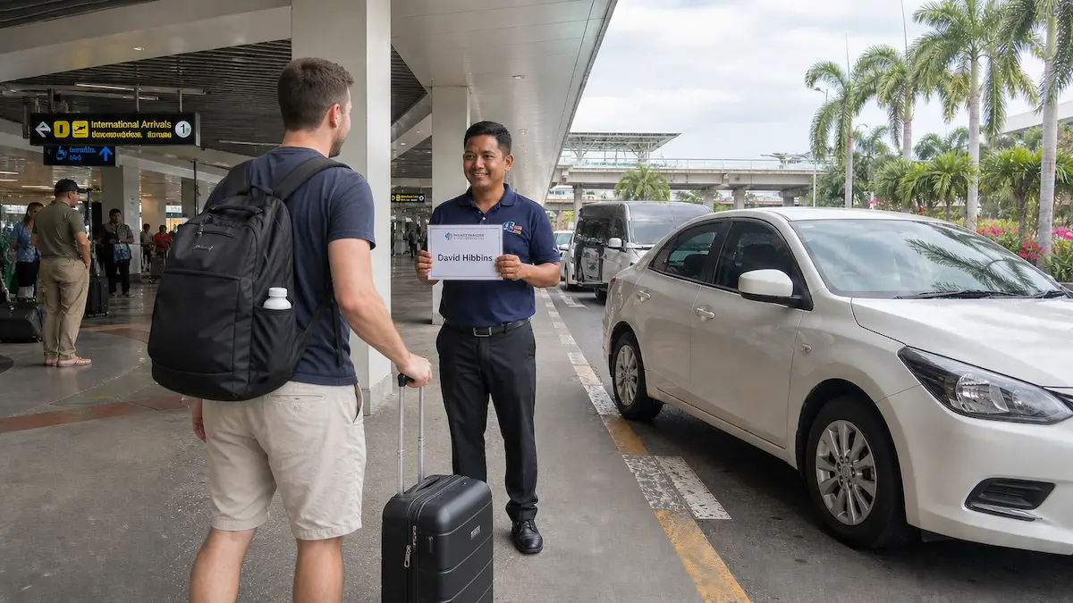 Phuket airport transfer driver meeting traveller with name sign outside arrivals with car ready