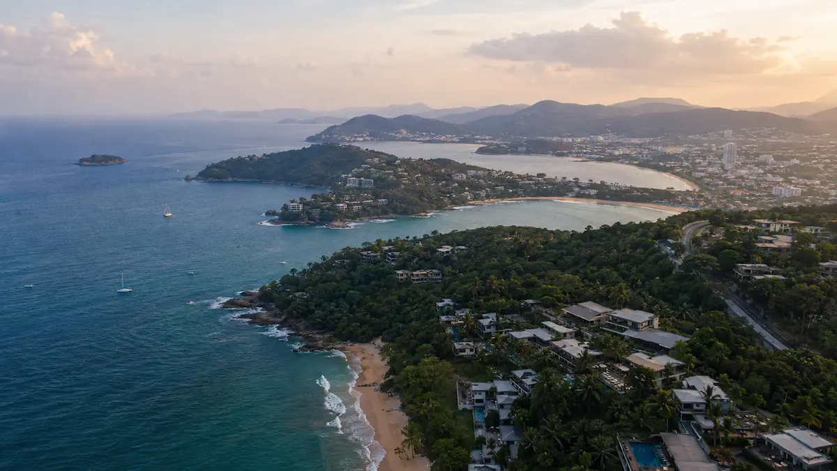 Aerial view showing different Phuket coastal areas and beach regions in Phuket Thailand