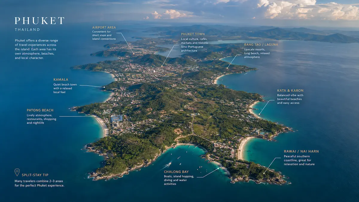 Map-style aerial overview of Phuket areas including Patong, Kata, Karon, Bang Tao, Rawai, Kamala, and Phuket Town