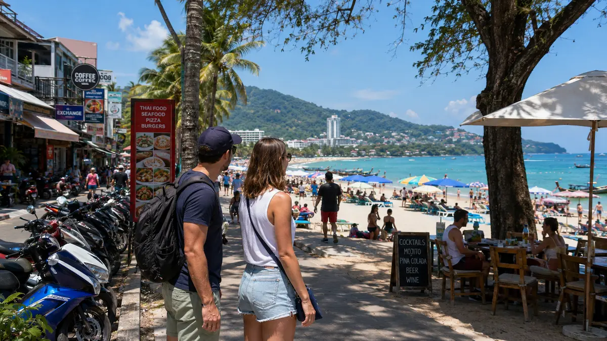 Travellers exploring a busy Phuket beach area while experiencing different travel styles and common Phuket mistakes first timers make