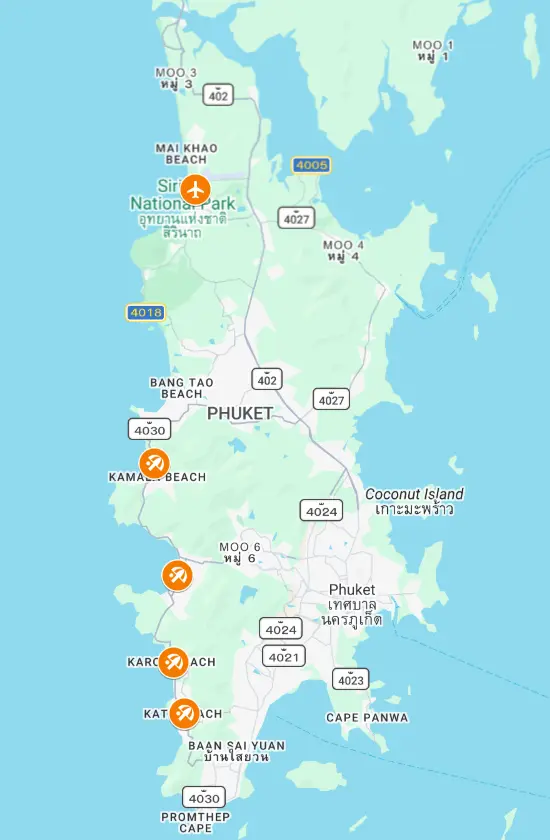 Phuket first time areas map showing Patong, Karon, Kata and Phuket Airport locations